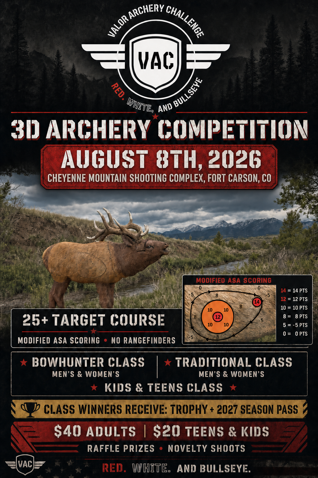 Valor Archery Challenge flyer: Aug 1st, 2026, Colorado Springs. 3D archery with moving targets and prizes.