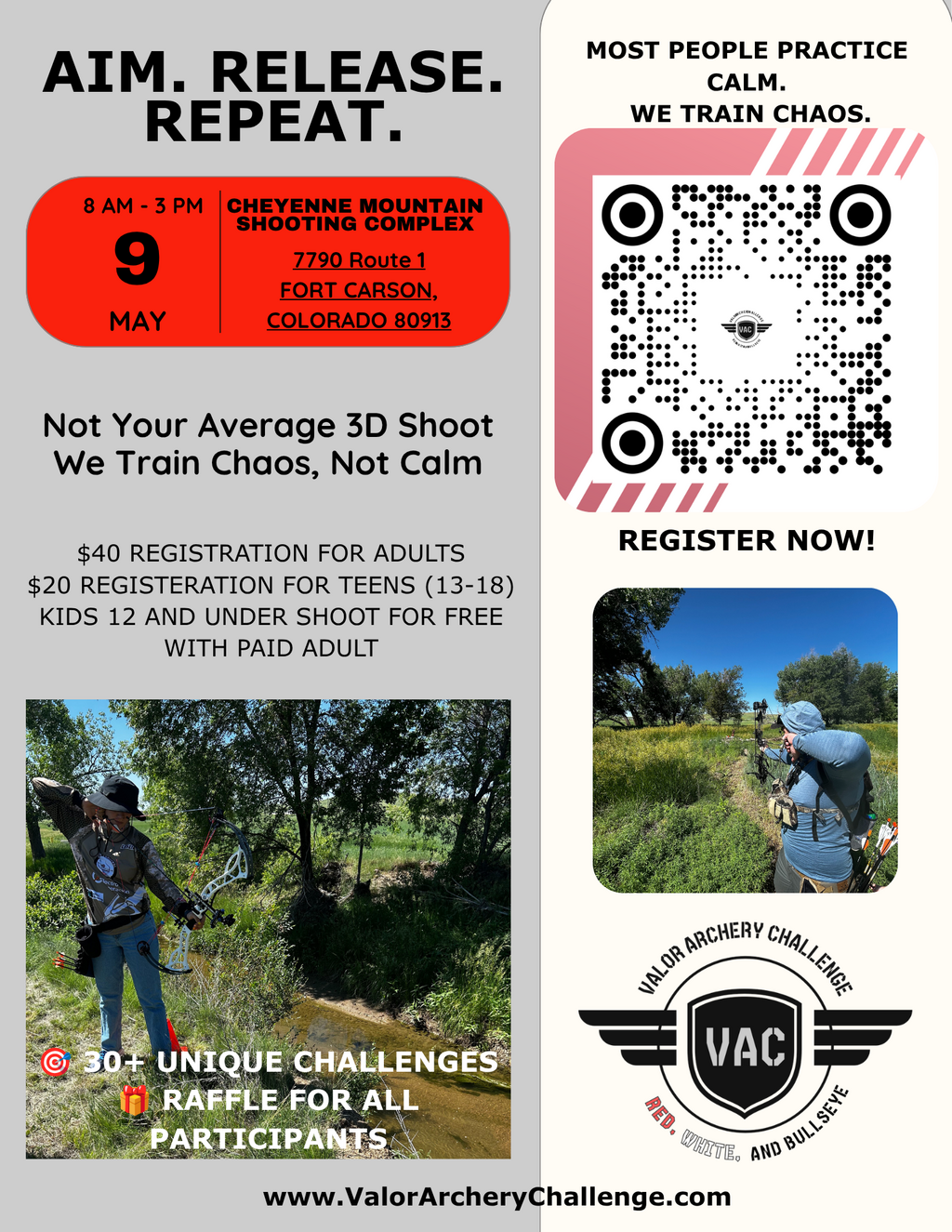 Valor Archery Challenge flyer: May 9th, 2026, Colorado Springs. 3D archery with moving targets and prizes.